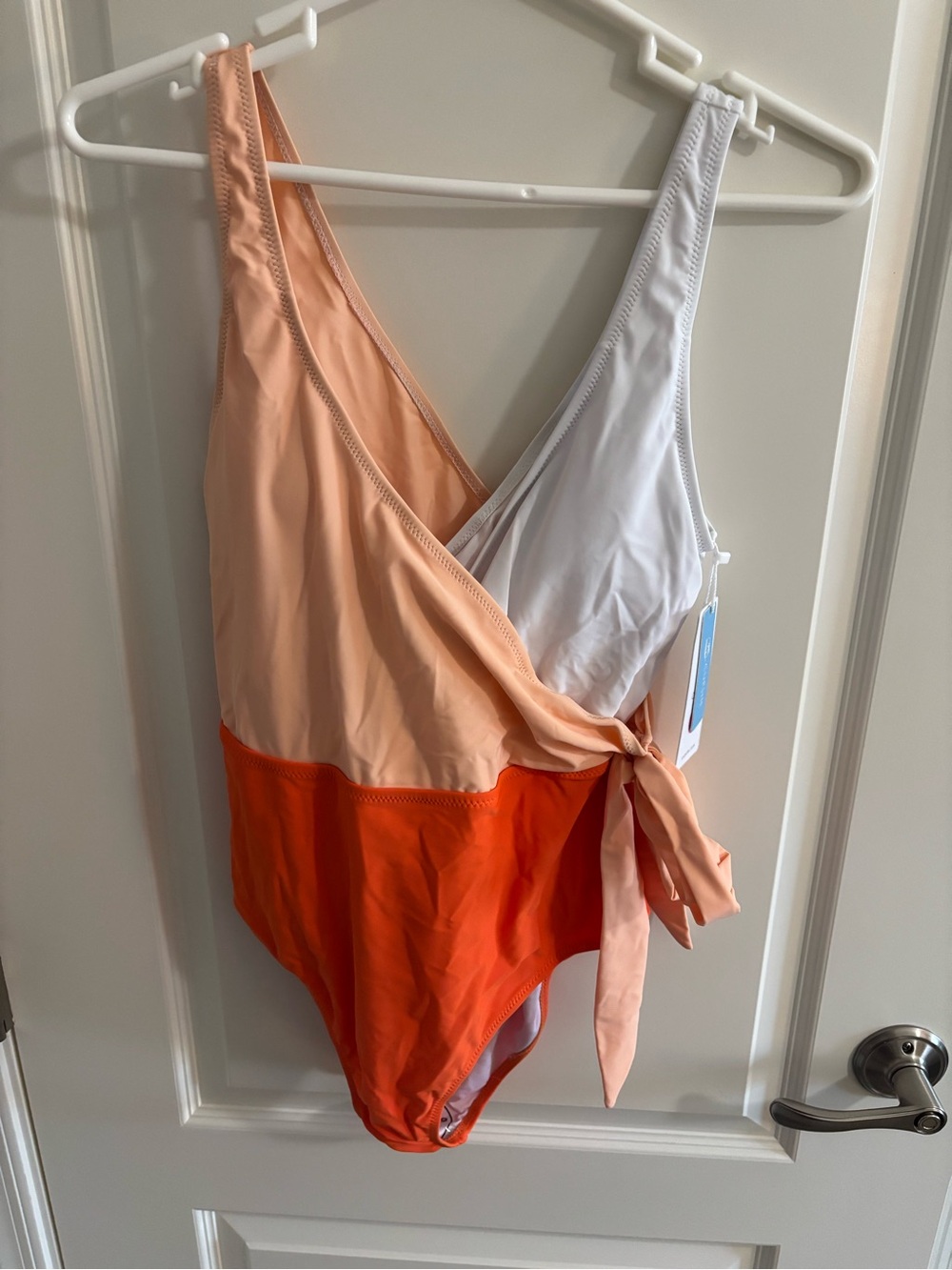 NWT - Cupshe Colorblock Wrap One-Piece Swimsuit in White, Peach & Orange